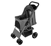 Pet Stroller Pushchair Grey Carrier Foldable Trolley Travel Cart 15kg Capacity 4 Wheels Brakes Cat Dog Safety Snap Hook Leash Cushion Canopy Mesh Windows Basket Cup Holders Free Waterproof Rain Cover
