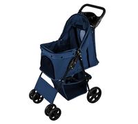 Pet Stroller Pushchair Navy Blue Carrier Foldable Trolley Travel Cart 15kg Capacity 4 Wheels Brakes Cat Dog Safety Hook Leash Cushion Canopy Mesh Windows Basket Cup Holders & Waterproof Rain Cover