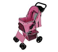 Pet Stroller Pushchair Pink Carrier Foldable Trolley Travel Cart 15kg Capacity 4 Wheels Brakes Cat Dog Safety Snap Hook Leash Cushion Canopy Mesh Windows Basket Cup Holders FREE Waterproof Rain Cover