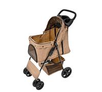 Pet Stroller Caddy Organiser Woven Beige Pushchair Pram Travel Accessory Bag Detachable Hook & Loop Straps Elastic Cup Pouch Front Pocket Large Capacity Multifunctional Linen Fabric