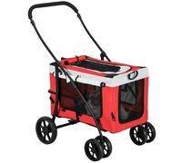 Pet Stroller Red Oxford Fabric Steel EVA 97.5H x81L x58Wcm Foldable 15kg Carrier