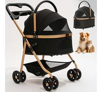 Pet Stroller with 4 Wheels, Foldable for Small/Medium Dogs Cats to 50 lbs, Removable Carrier, Storage Basket, Cup Holder, 3-in-1 Multifunctional Detachable (Black)