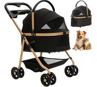 Pet Stroller with 4 Wheels, Foldable for Small/Medium Dogs Cats to 50 lbs, Removable Carrier, Storage Basket, Cup Holder, 3-in-1 Multifunctional Detachable (Black)
