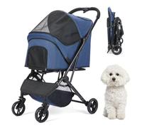 Pet Stroller with 4 Wheels, Foldable Travel Carrier for Small/Medium Dogs and Cats, Mesh All Terrain Dog Stroller with Storage Basket for Outdoor Walking (Navy)