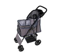 Pet Stroller Pushchair Blue Tartan Carrier Foldable Trolley Travel Cart 15kg Capacity 4 Wheels Brakes Cat Dog Safety Hook Leash Cushion Canopy Mesh Windows Basket Cup Holders & Waterproof Rain Cover