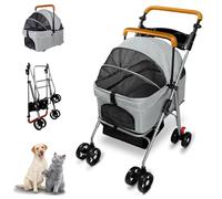 Pet Stroller with Storage Basket and Cup Holder, Folding Dog Stroller, Foldable Cat Stroller, 4 Wheels Puppy Kitten Cat Dog Cart, Breathable Mesh for Medium Dog Cat (Gray)