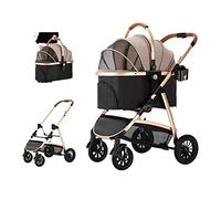 Pet Strollers for Medium Large Dogs/Cats 3-in-1 Foldable Aluminum Alloy Frame Detachable Carrier Travel Pushchair Car Seat Combo 4-Wheel Strolling Cart Storage (Khaki) (Khaki)