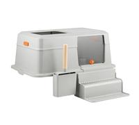 Pet Supplies, Stainless Steel Cat Litter Box with Lid, Front Entry & Top Exit, Easy Clean with Scoop & Ladder(Grey)
