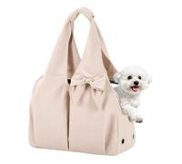 Pet Travel Bag with Built-in Tether for a Collar, Beige | Shoulder and Hand Carry Options, Outside View Through the Open Top, Foldable Polyester Body for Short Trip