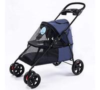 Pet Travel Stroller Foldable Four-Wheeled Dog Cat Pushchair/Jogger Buggy/Trolley W Locking Zippers Portable Dog Carrier Transporter (Dark Blue)