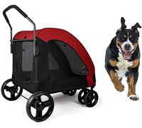 Pet Travel Stroller Foldable Pram | 4 Wheels Large Dog Cat Pushchair Trolley Carrier with 2 Front Swivel Wheels Blue (Grey) (Red)