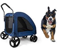 Pet Travel Stroller Foldable Pram | 4 Wheels Large Dog Cat Pushchair Trolley Carrier with 2 Front Swivel Wheels Blue (Grey) (Blue)