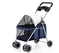 Pet Travel Stroller Pet Folding Stroller Large Dog Pushchair Shockproof Durable Washable 4 Wheels,Red (Color : Blu)