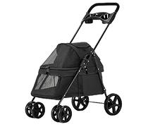 Pet Travel Stroller Pet Four-wheeled Stroller Dog Trolley Cat Carts Foldable for Medium Small Dogs Outgoing, Load Within 15kg,Pink (Color : Black)