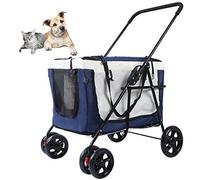 Pet Travel Stroller - Secure Locking Zippers, Plush Nap Pillow, Airy Windows - Reduces Anxiety, Blue - Dog Cat Pushchair Pram Jogger Buggy - Sunroof for Ultimate Comfort