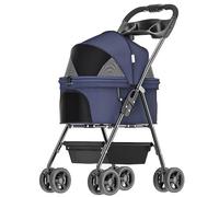 Pet Travel Stroller with 4 Wheels - One-Hand Folding Cat Dog Stroller with Cup Holder/Storage Basket - Portable Pet Strollers for Travel,Blue