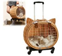 Pet Trolley Bag, Bamboo Woven Cat Suitcase on Wheels, Portable Outdoor Pet Carrier for Cats and Small Dogs, Handmade Rattan Weaving