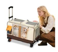 Pet Trolley Case for Cat Dogs Foldable Pets Soft Sided Carriers with Four Wheels Cats Rolling Carrier Telescopic Handle and Shoulder Strap (Beige Brown)
