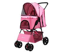 Pet Trolley, Lightweight Folding Pet Stroller Disabled Dog Pushchair Bicycle Carriers Dog Cat Four-Wheel Outdoor Travel Supplies (Pink)