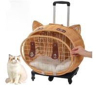 Pet Trolley On Wheels, Bamboo Woven Cat Suitcase with Wheels, Portable Outdoor Pet Trolley Bag for Traveling/Taking a Walk/Trips to The Vet, Handmade Rattan Weaving Pet Trolley Case