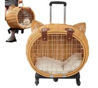 Pet Trolley On Wheels, Bamboo Woven Suitcase for Cats and Small Dogs, Portable Outdoor Trolley Bag, Handmade Rattan Weaving Pet Carrier