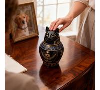 Pet Urn - Resin 12x20.5cm | Egyptian Cat God Cremation Urn Statue | Ancient Egyptian Mythology Inspired Sculpture | Memorial Ash Holder Keepsake For Honoring Beloved Pets At Home Or Office