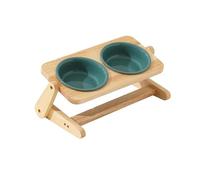 pet wiz Raised Ceramic Pet Bowls with Height & Angle Adjustable Wooden Stand - Supporting Posture and Digestion | Non-Slip Stand, Dishwasher-Safe Bowls (Green, Small)