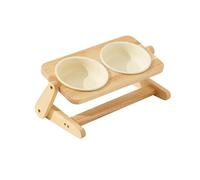 pet wiz Raised Ceramic Pet Bowls with Height & Angle Adjustable Wooden Stand - Supporting Posture and Digestion | Non-Slip Stand, Dishwasher-Safe Bowls (Cream, Small)