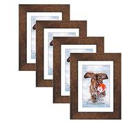 PETAFLOP 6x4 Photo Frames Set of 4, Display Photo 4x6 with Mat or 7x5 without Mat, Wooden Rustic Picture Frame for Wall or Tabletop, Brown