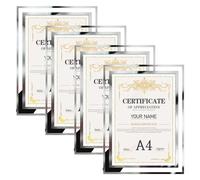 PETAFLOP A4 Frame with Stand for Tabletop, Glass A4 Picture Frame Displays Document, Graduation Diploma, or Wedding Photo, 4 Pack-Clear Silver