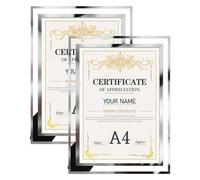PETAFLOP A4 Frame with Stand for Tabletop, Glass A4 Picture Frame Displays Document, Graduation Diploma, or Wedding Photo, 2 Pack-Clear Silver