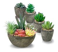 PETAFLOP Artificial Succulent Plants Set of 5, Realistic Faux Succulents in Cement Like Pots, Small Fake Succulents Plants for Home Office Desk Decoration