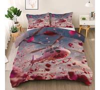 Petal Falling Duvet Cover Set Twin Size, Rose Helicopter Bedding Set, Pink Sky Comforter Cover with 2 Pillow Shams, Comfy Breathable Lightweight Modern Romantic Style Comforter Cover
