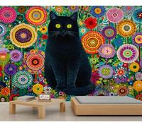 Petals and The Midnight Cat Wallpaper Vibrant Garden Cat Theme Living Room Wallpaper Colorful Fantasy Black Cat Wall Murals for Bedroom Bohemian Dreamy Abstract Floral Accent Mural for Kids Bedroom