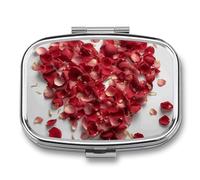 Petals Form Heart Shape Pill Box 2 Compartment, Portable Pill Case with Mirror for Pocket Purse Travel, Mini Metal Medicine Organizer for Vitamins Fish Oil