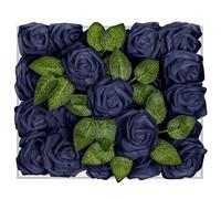 Petalscentusia Artificial Navy Blue Roses-25 pcs Fake Roses with Stems and 20 Leaves-Foam Latex Roses for Wedding Bouquets, Valentine's Day, Home Décor and Party Decorations