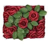 Petalscentusia Artificial Roses 25 pcs Fake Roses with Stems and 20 Leaves Foam Latex for Wedding Bouquets, Valentine's Day, Home Décor, and Party Decorations (Wine Red Roses)
