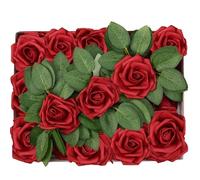 Petalscentusia Artificial Roses 25 pcs Fake Roses with Stems and 20 Leaves Foam Latex for Wedding Bouquets, Valentine's Day, Home Décor, and Party Decorations (Dark Red Roses)