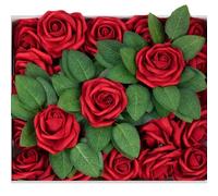 Petalscentusia Artificial Roses 25 pcs Fake Roses with Stems and 20 Leaves Foam Latex for Wedding Bouquets, Valentine's Day, Home Décor, and Party Decorations (Red Roses)