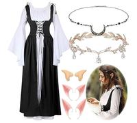 Petalum Medieval Costume with Accessories Renaissance Dress Forest Fairy Role Play Flared Sleeve Lace up Maxi Dress Vintage Court Gown