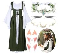 Petalum Medieval Costume with Accessories Renaissance Dress Forest Fairy Role Play Flared Sleeve Lace up Maxi Dress Vintage Court Gown