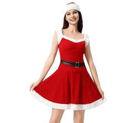 Petalum Miss Santa Costume,Christmas Adults Fancy Dress Costume,Velvet Mini Dress with Hooded Cape,Belt,Hat,Women Xmas Santa Outfits