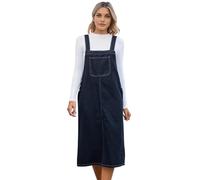 Petalum Women Bib Overall Denim Dress Casual Loose Mid Length Adjustable Strap Sleeveless Pinafore Dress with Pocket
