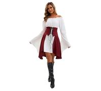 Petalum Women Pirate Costume Set Medieval Off Shoulder Dress with Asymmetrical Skirt Lace Up Waist Pirate Role Play Outfits