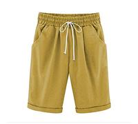 Petalum Women's Casual Summer Shorts Drawstring Elastic Waist Knee Length Curling Jersey Bermuda Shorts (14, Yellow)