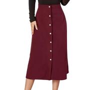 Petalum Women's Corduroy Midi Skirt A line Button Front High Waist Vintage Elegant Solid Color Skirt Red