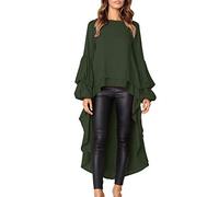 Petalum Women's Irregular Ruffles Shirt Long Lantern Sleeve High Low Long Hem Tops Blouse Shirt Dress