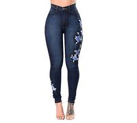 Petalum Women's Juniors Distressed Denim Jeans Roll up Ripped Blue Skinny Pants Floral Slim Pencil Long Trousers