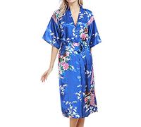 Petalum Women's Kimono Robe Silk Peacock Blossoms Satin Bridal Robe Sleepwear Bridesmaid Nightwear Bathrobe Night Gown Long Floral Soft Nightdresses for Wedding Girl's Bonding Party Pyjamas Blue