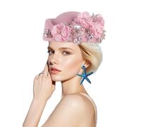 Petaluna Women's Flower Beret Suitable for Church Wearing Elegant Breathable Stewardess Hat Wedding and Party Retro French Headdress (Pink, 22.44in-22.83in Freely Adjustable)